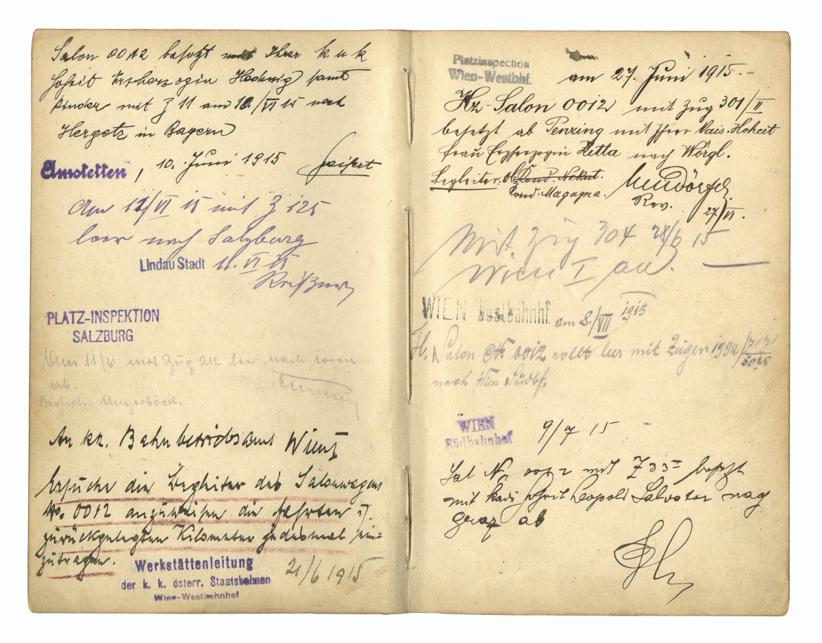 Doppelseite mit Eintragungen aus dem Kondukteurbuch, z. B. Fahrt von Erzherzogin Zita von Penzing nach Wörgl am 27. Juni 1915: Doppelseite mit Eintragungen aus dem Kondukteurbuch, z. B. Fahrt von Erzherzogin Zita von Penzing nach Wörgl am 27. Juni 1915