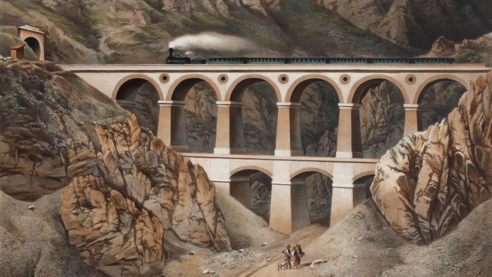 Imre Benkert: Viadukt über die Krausel-Klause, Farblithografie, 1854