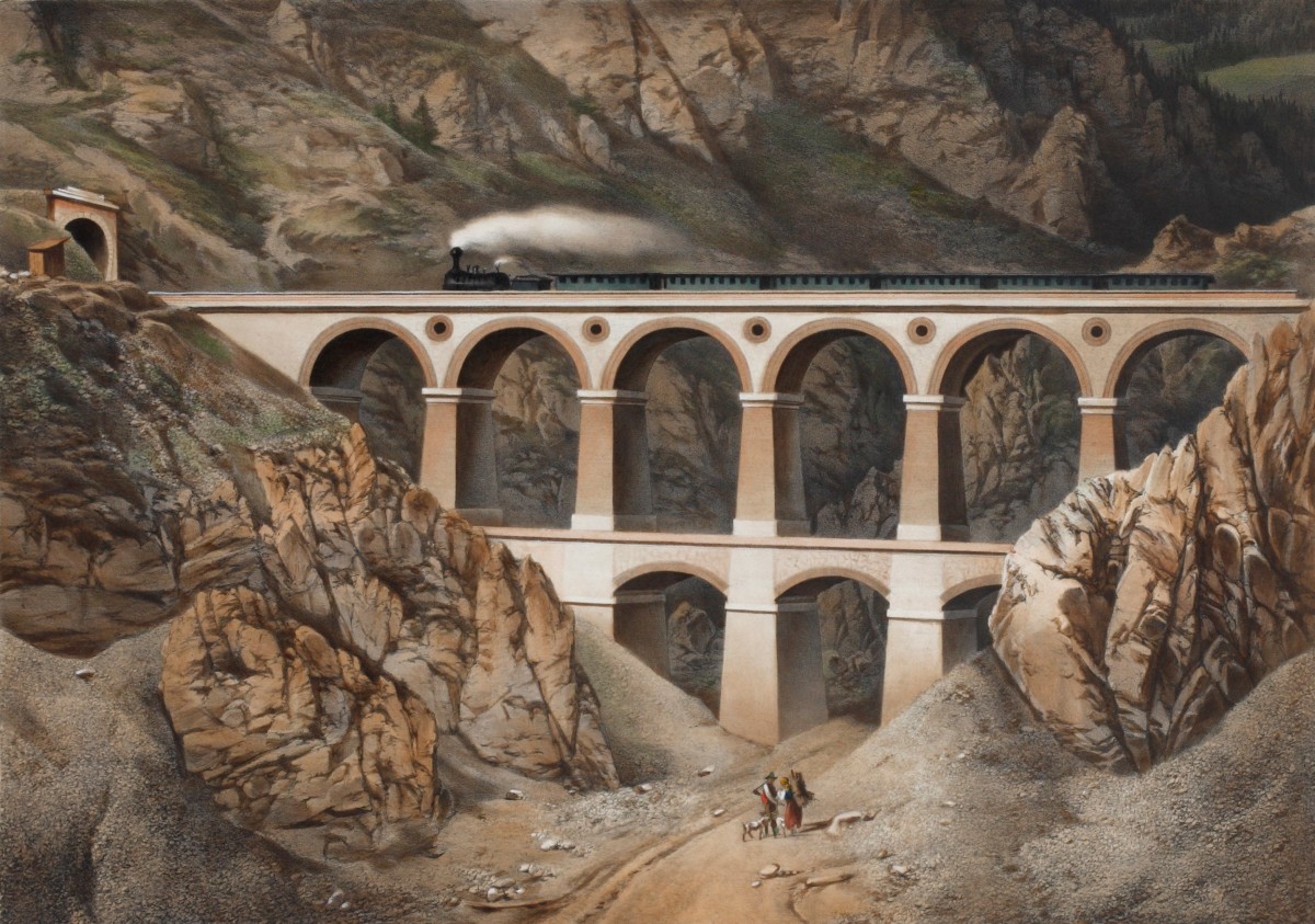 Viadukt über die Krausel-Klause,1854: Imre Benkert: Viadukt über die Krausel-Klause, Farblithografie, 1854