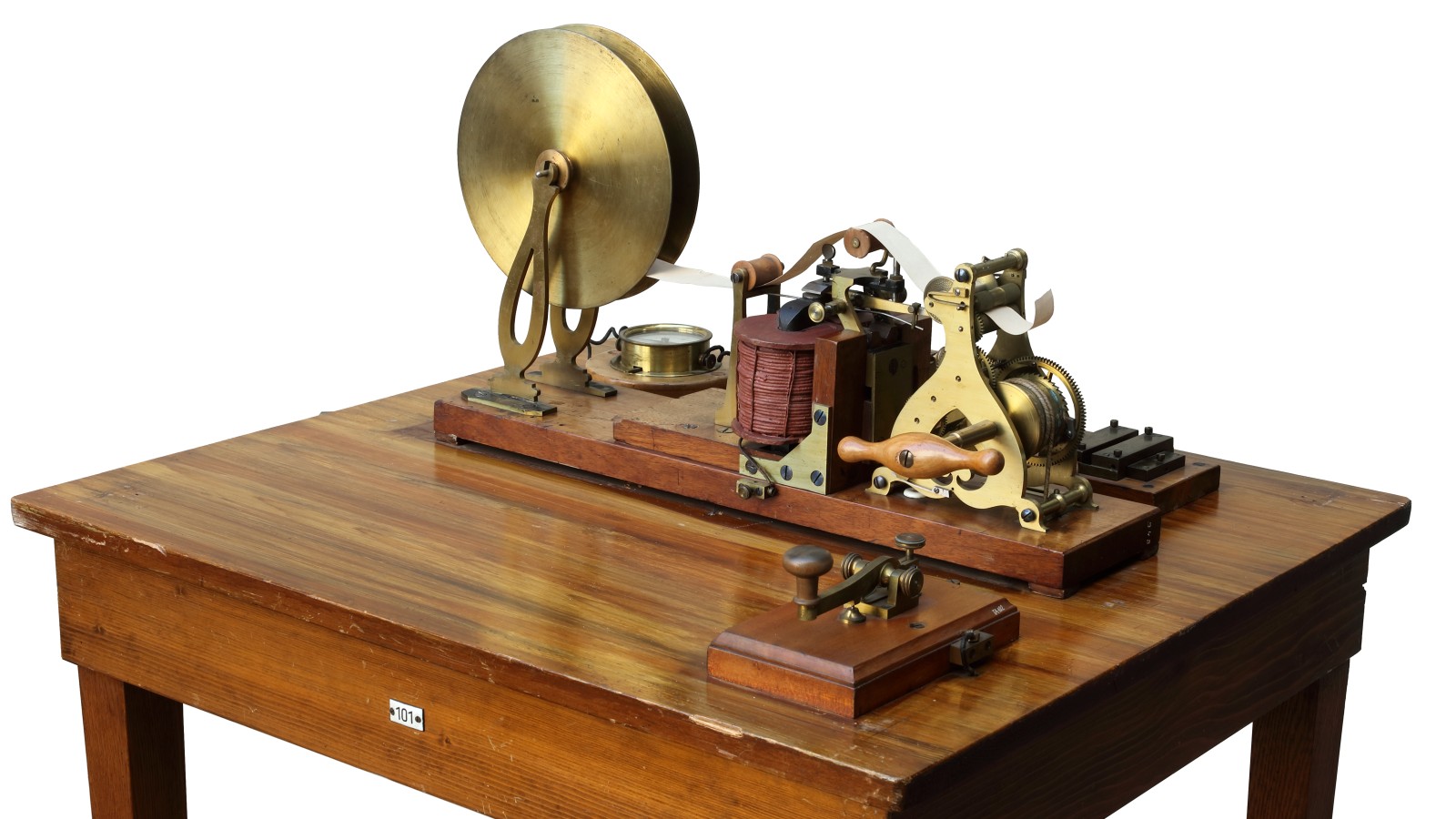 Ensemble eines Morsetelegrafenapparats mit einem amerikanischen Telegrafenrelais nach Alfred Vail, um 1850