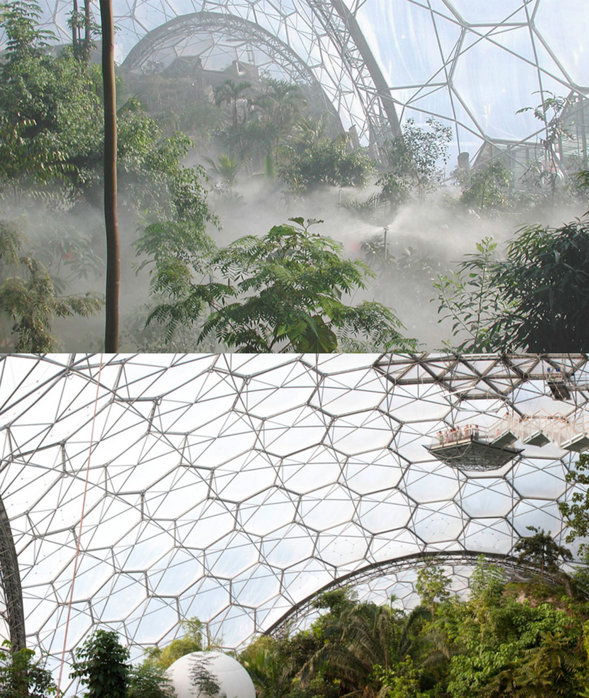 Das Project Eden im englischen Cornwall ist ein botanischer Garten. Zwei riesige Gewächshäuser dominieren das Gelände, die aus jeweils vier miteinander verschnittenen geodätischen Kuppeln in der Bauweise des US-amerikanischen Architekten, Designers und Visionärs Richard Buckminster Fuller bestehen. Verschiedene Vegetationszonen sind darin simuliert