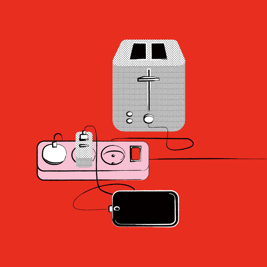 Technische Alltagsgegenstände - Toaster und Handy - die an eine Steckdose angeschlossen sind