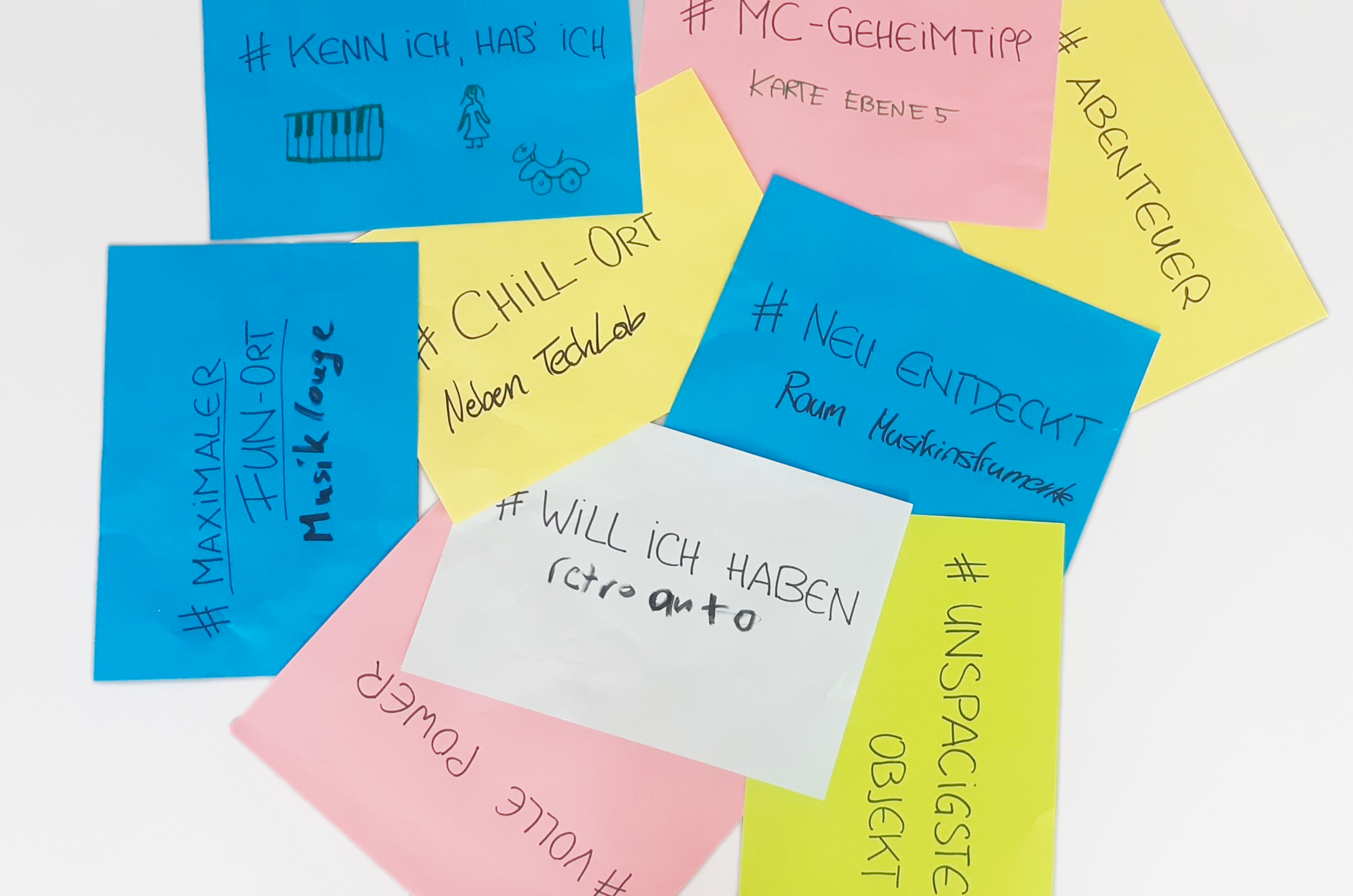 Hashtags für verschiedene Plätze und Qualitäten im Museum