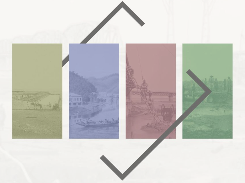 Grafik mit vier farbigen Tafeln, die historische Szenen zum Kolonialismus zeigen, und einem geometrischen Rahmen über den Tafeln.
