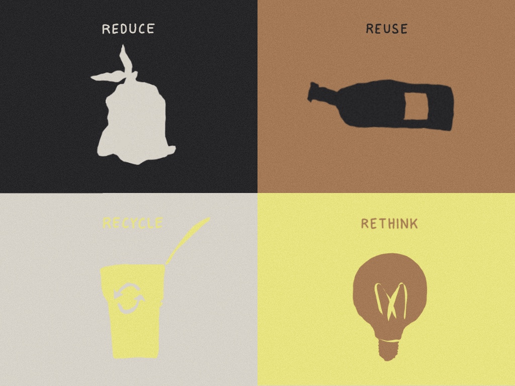 Grafische Darstellung zu Nachhaltigkeit und Abfallvermeidung mit vier Symbolen: Illustration on sustainability and waste prevention featuring four symbols: a bin, a glass, a cup and a light bulb 1