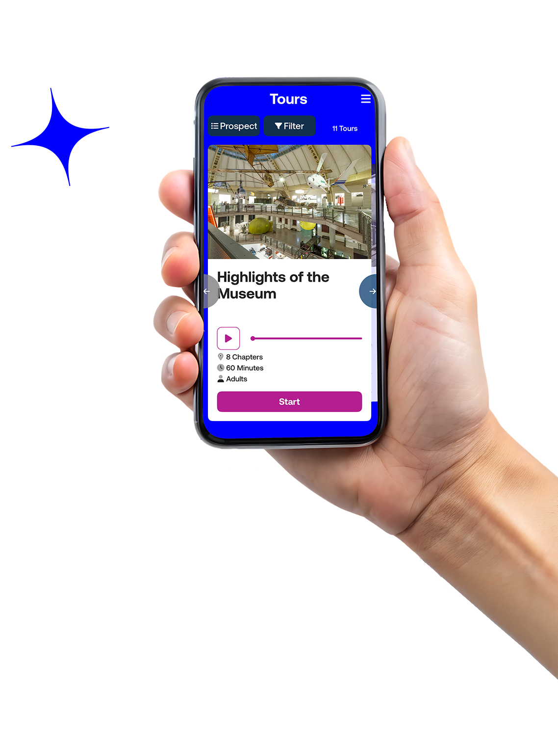 A hand holding a smartphone displaying the TMW ToGo-App with a tour overview of the Technisches Museum Wien: 
